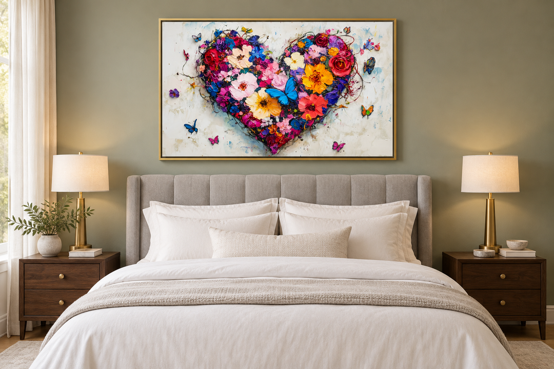 Pink floral heart with butterflies wall art hanging above a bed in a modern bedroom.