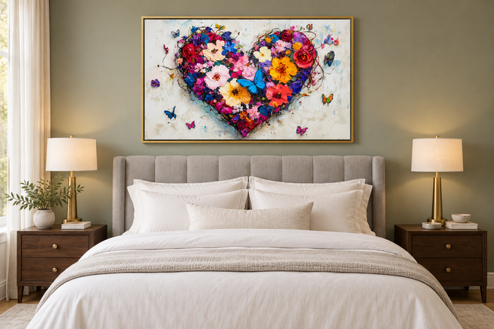 Pink floral heart with butterflies wall art hanging above a bed in a modern bedroom.