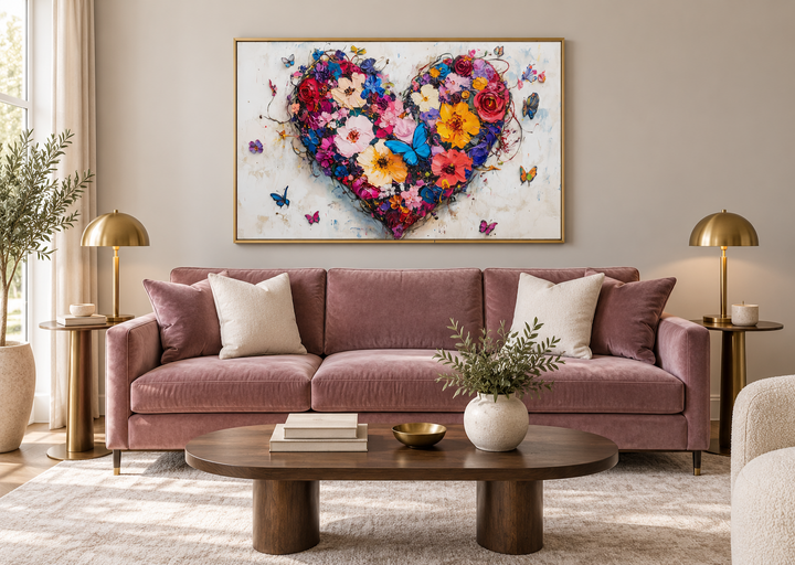 Pink floral heart with butterflies wall art above a pink velvet sofa in a modern living room.
