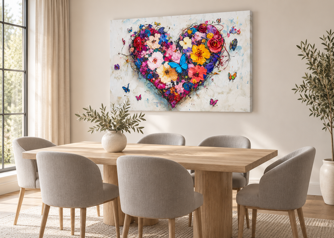 Pink floral heart with butterflies wall art canvas in a modern dining room setting.