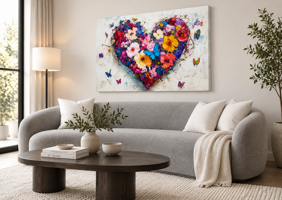 Pink floral heart with butterflies canvas wall art hanging above a modern gray sofa in a living room
