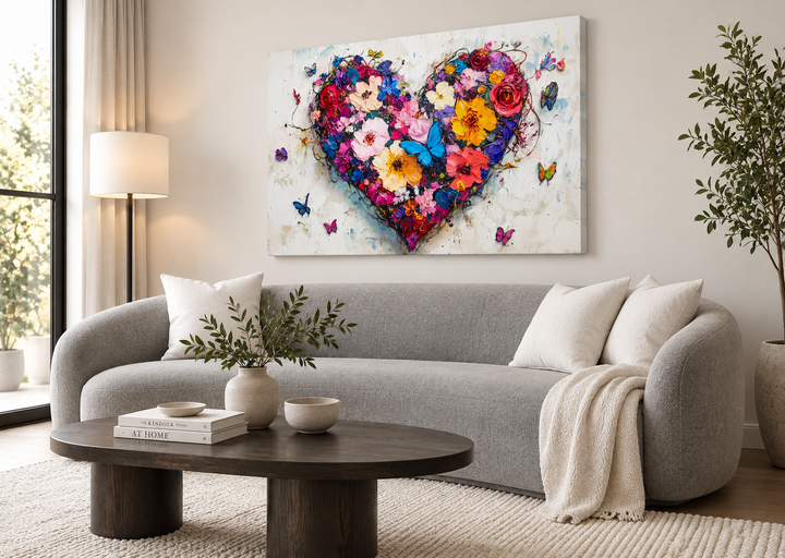 Pink floral heart with butterflies canvas wall art hanging above a modern gray sofa in a living room