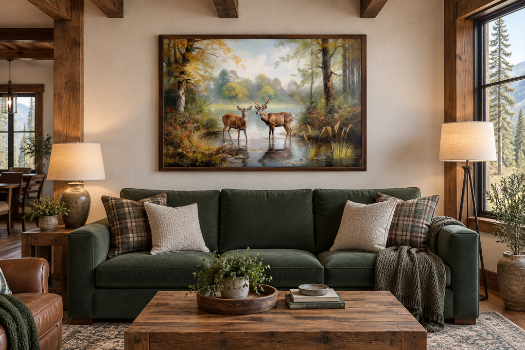 Framed canvas wall art of a deer doe and buck in a forest, hanging above a green sofa in a cabin.