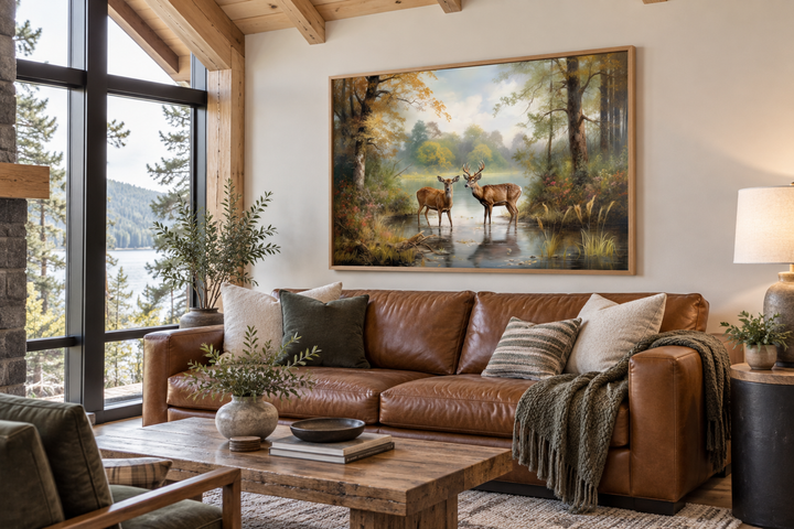 Framed canvas wall art featuring a deer doe and buck standing in a serene forest landscape.