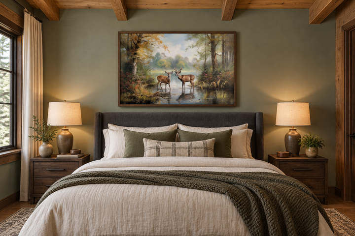 Framed canvas wall art of a deer doe and buck in a forest, hanging above a bed in a cabin bedroom.