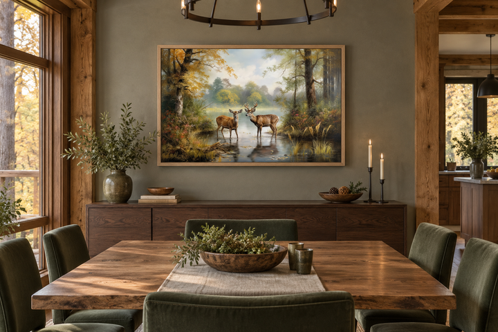 Framed canvas wall art of a deer doe and buck standing in a misty forest above a dining sideboard.