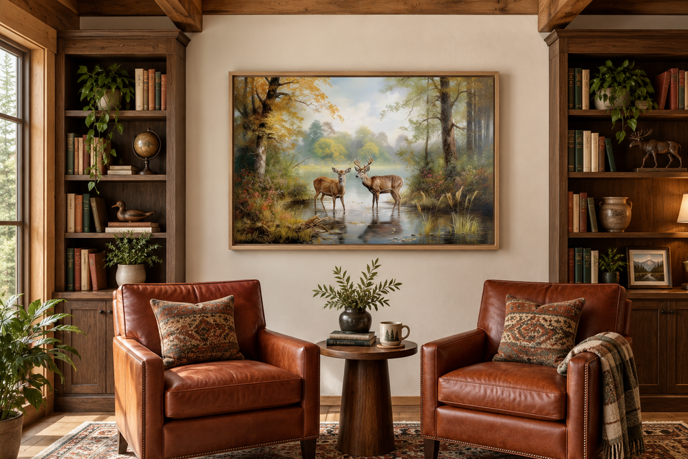 Framed canvas wall art of a deer doe and buck in a forest, hanging above two leather armchairs.
