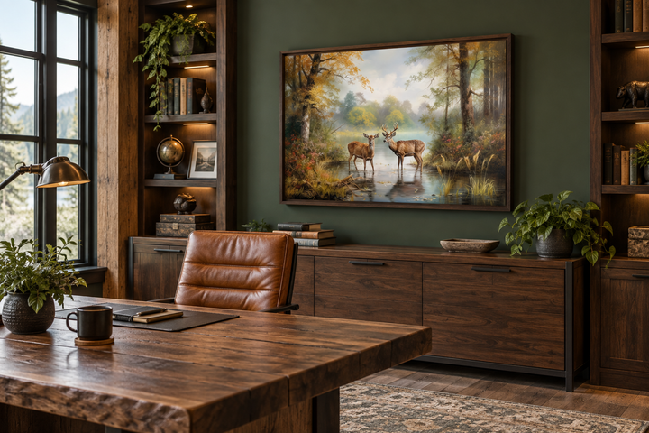 Framed canvas wall art of a deer doe and buck in a forest, hanging in a rustic cabin office.
