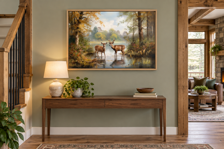 Framed canvas wall art of a deer doe and buck in a forest, hanging above a wooden console table.