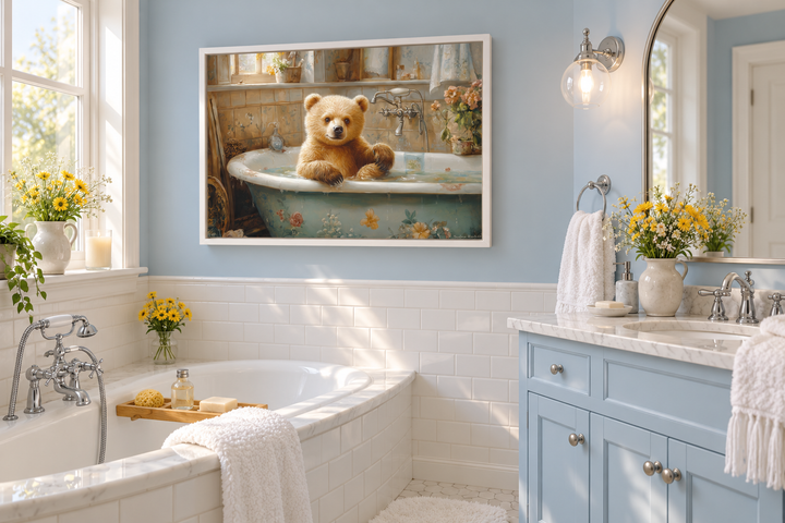 Framed canvas wall art of a baby bear in a vintage bathtub, hanging in a blue and white bathroom.