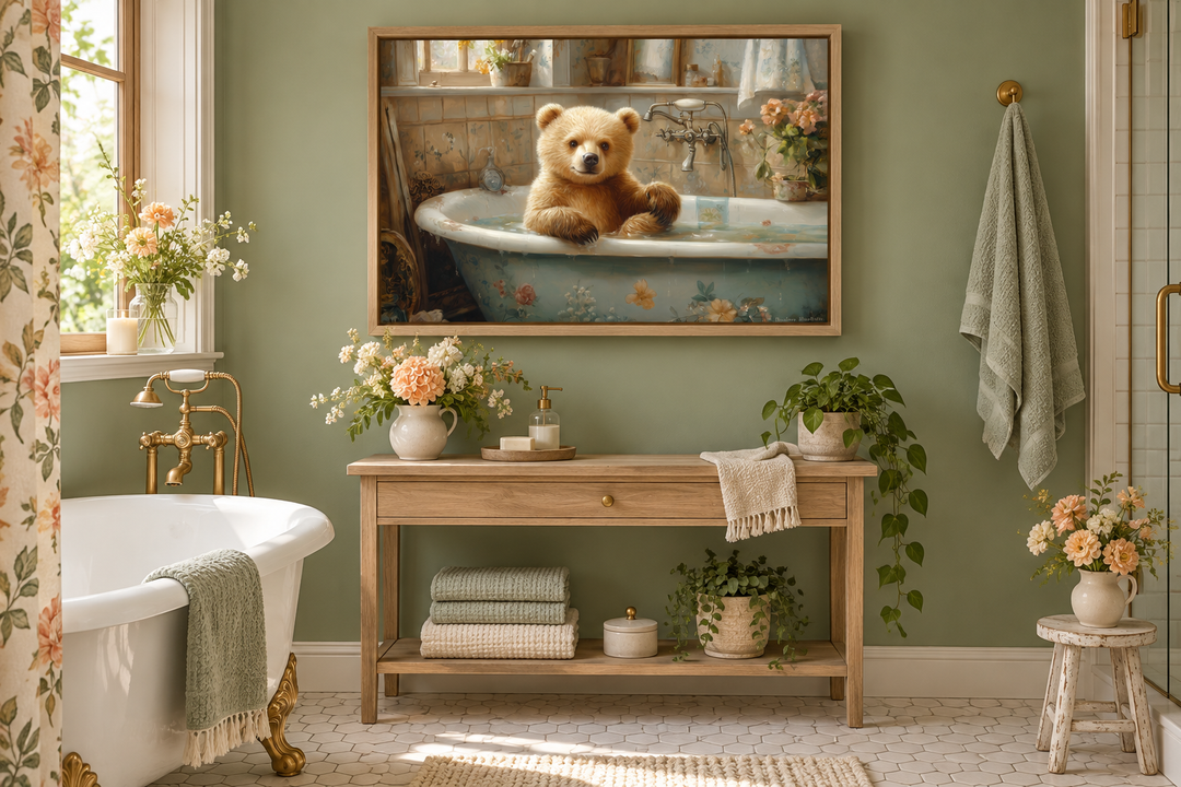 Framed canvas wall art of a baby bear in a bathtub, hanging in a rustic green bathroom.
