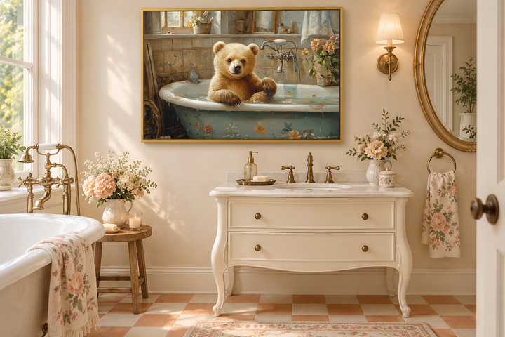 Baby bear in a vintage bathtub framed canvas wall art hanging in a rustic bathroom.