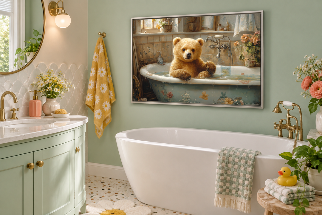 Baby Bear in a Bathtub Framed Canvas Wall Art hanging in a sage green bathroom.