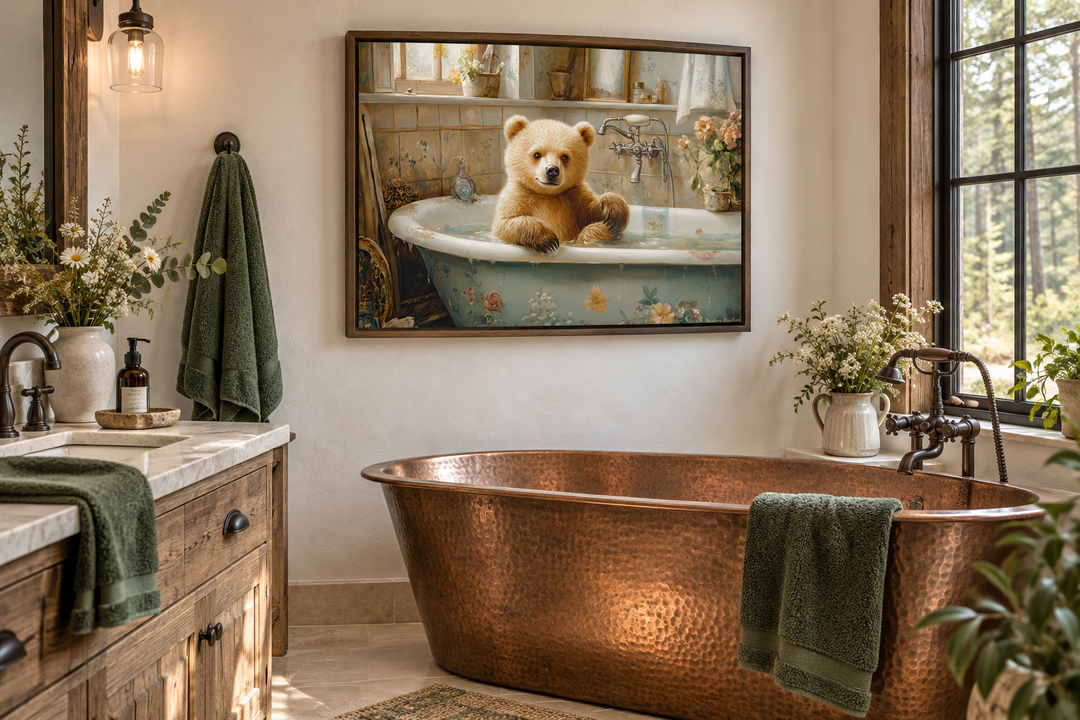 Baby Bear in a Bathtub Framed Canvas Wall Art hanging in a rustic bathroom above a copper tub.