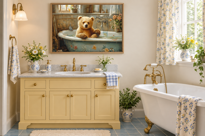 Baby Bear in a Bathtub Framed Canvas Wall Art hanging above a yellow bathroom vanity.