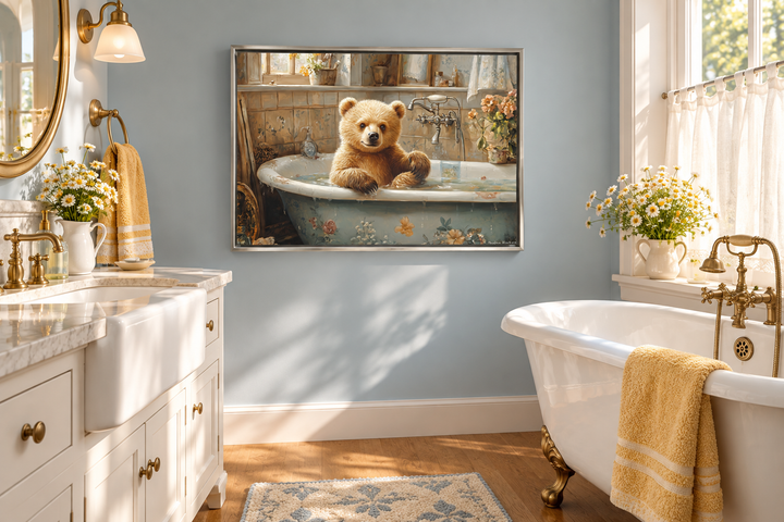 Framed canvas wall art of a baby bear in a vintage bathtub, hung in a rustic bathroom setting.