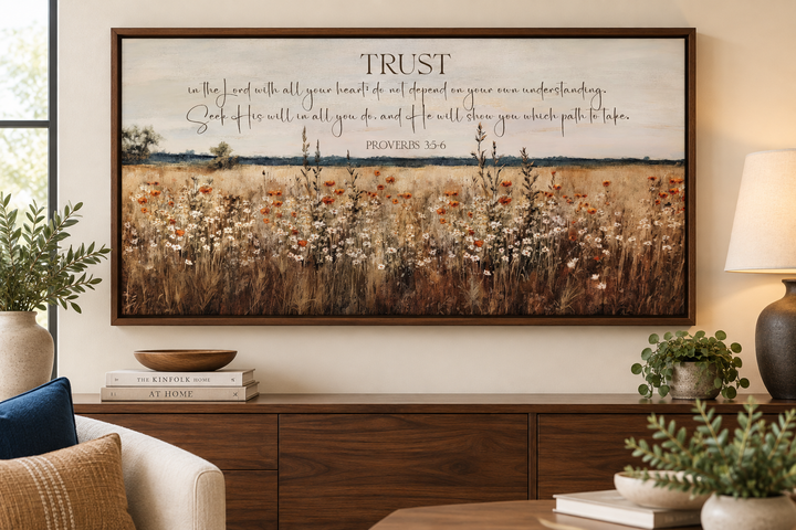Proverbs 3:5-6 scripture canvas art featuring a golden wildflower field in a wooden frame.