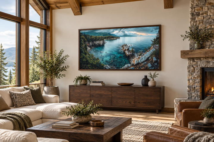 Lake Superior Framed Canvas Wall Art depicting a rocky shoreline and turquoise water in a living room