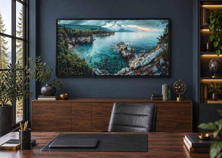 Panoramic Lake Superior framed canvas wall art featuring turquoise water and rocky shores in a den.