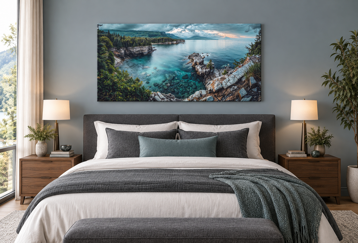 Panoramic Lake Superior framed canvas wall art showing a rocky shoreline and turquoise water.