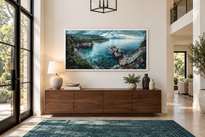 Panoramic Lake Superior framed canvas wall art showing rocky shores and turquoise water over a console.