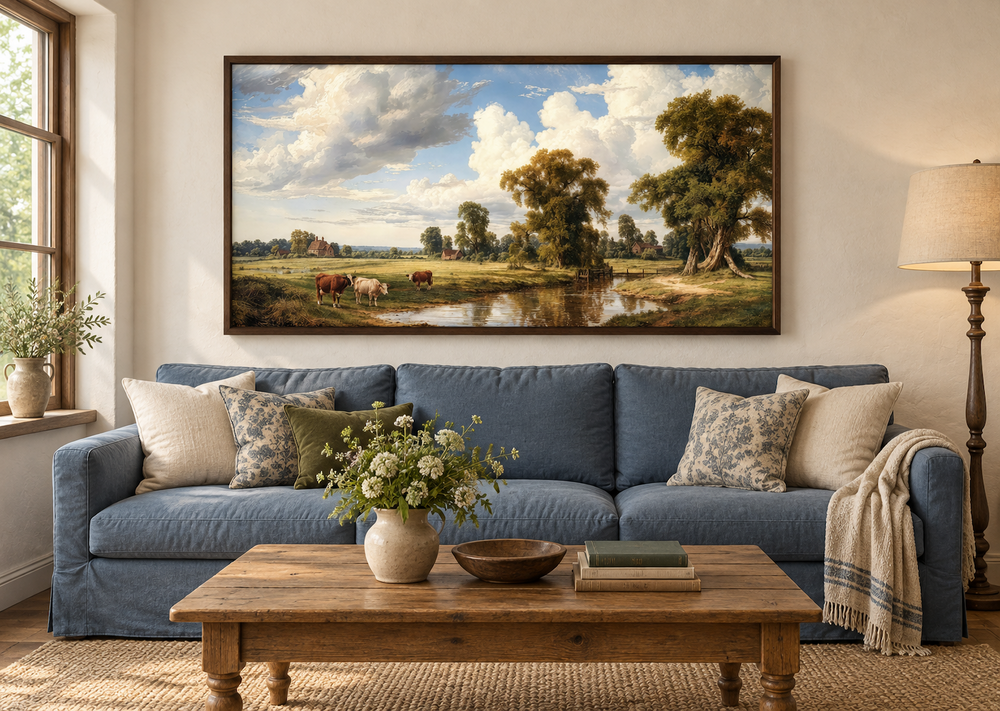 Vintage country pastoral landscape framed canvas wall art featuring cows grazing by a river.
