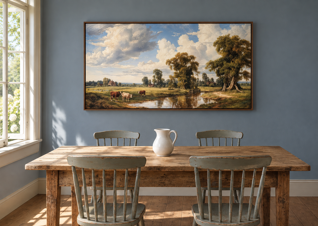 Vintage country pastoral landscape with cows framed canvas wall art hanging in a dining room.