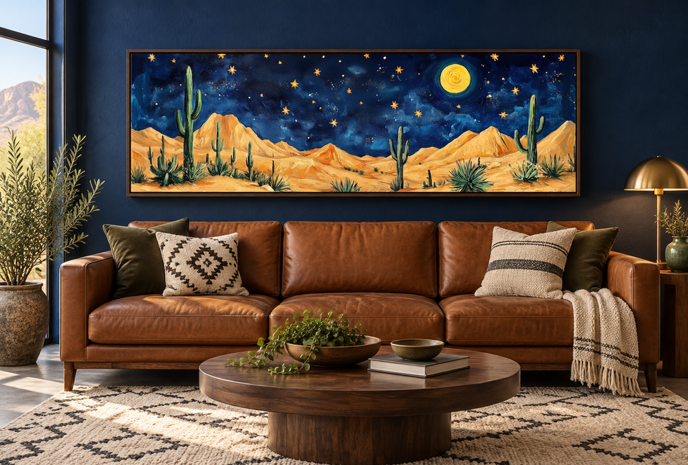 Southwestern desert night sky long horizontal framed canvas wall art above a brown leather sofa.