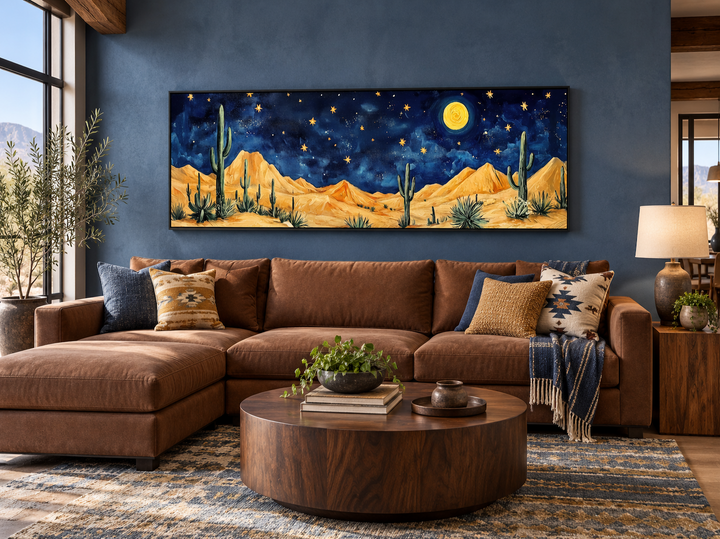 Southwestern desert night sky long horizontal framed canvas wall art above a brown leather sofa.