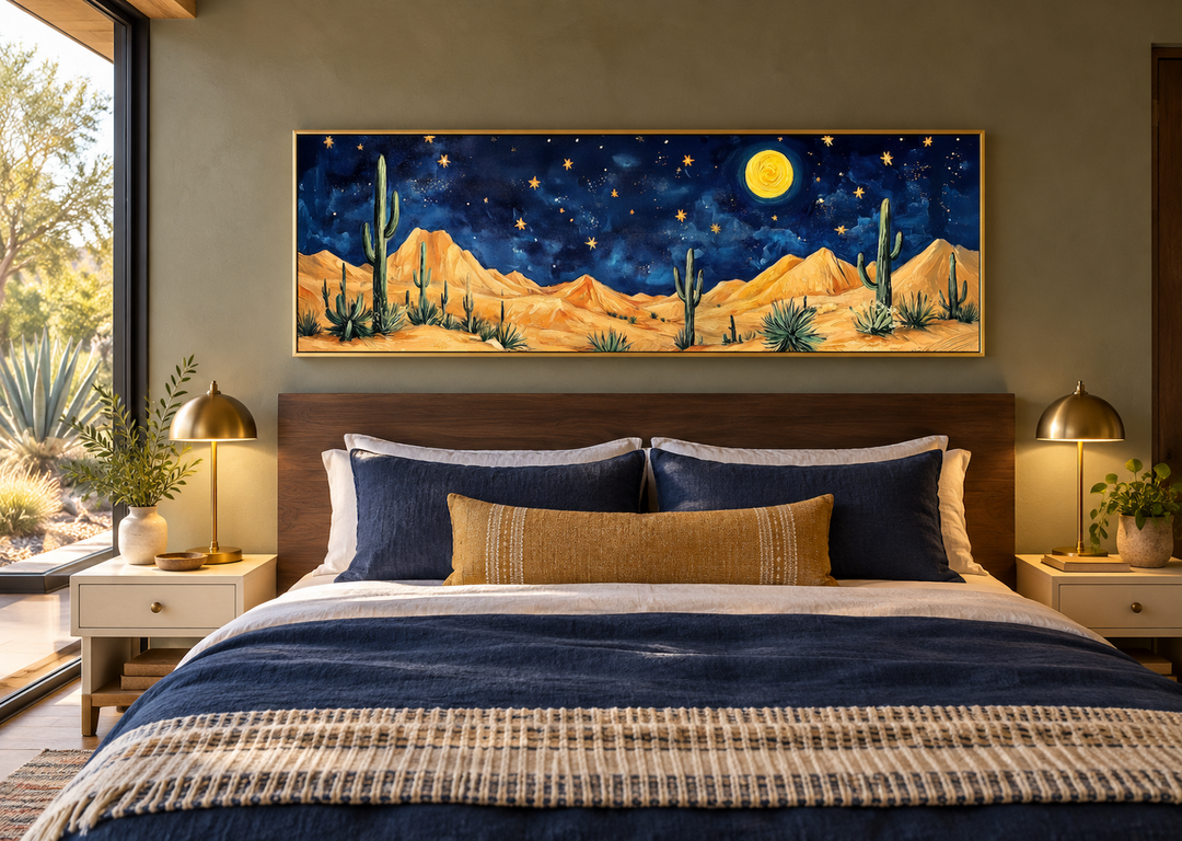 Southwestern desert night sky long horizontal framed canvas wall art hanging above a bed.