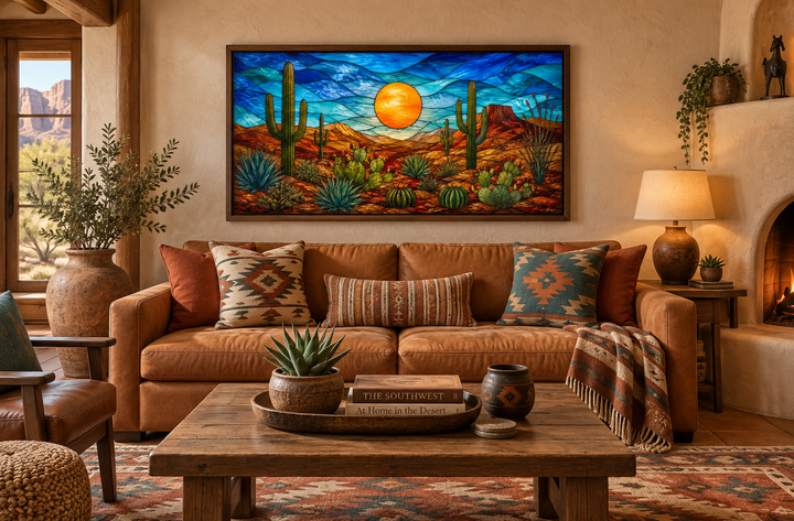 Framed canvas wall art featuring a colorful desert landscape in a vibrant stained glass style.