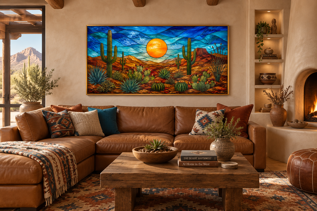 Stained glass style framed canvas art of a desert sunset with cacti above a brown leather sofa.