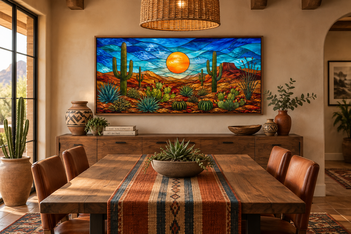 Stained glass style framed canvas wall art featuring a colorful desert landscape with cacti.