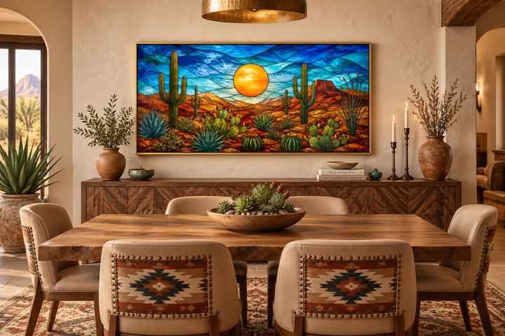 Colorful desert and cacti stained glass style framed canvas wall art above a wooden dining table.