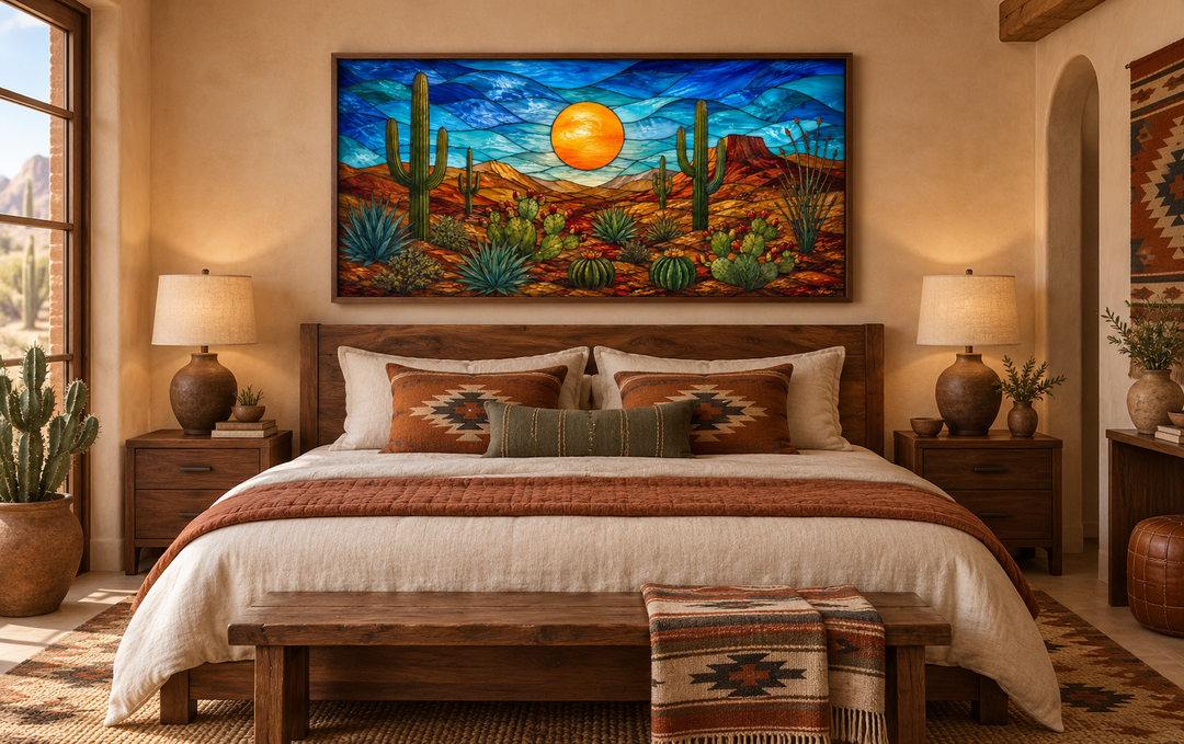 Stained glass style framed canvas art of a desert landscape with cacti and a glowing sun.