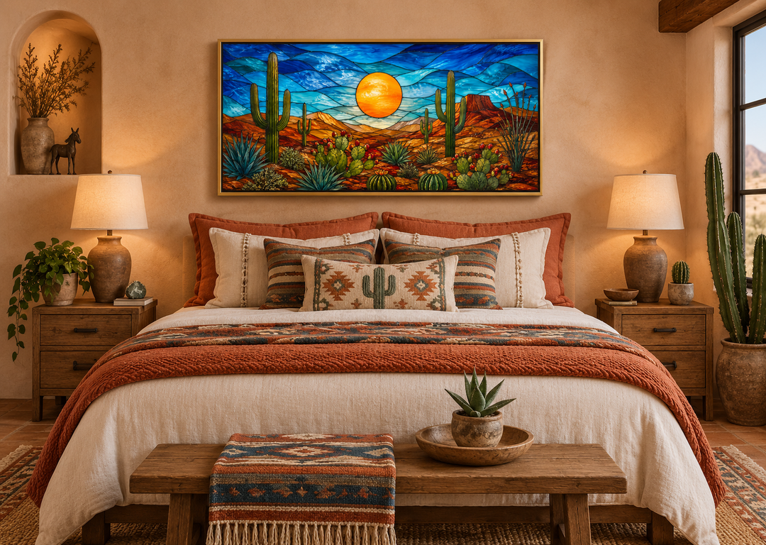 Stained glass style framed canvas art of a desert sunset with cacti above a southwestern bed.