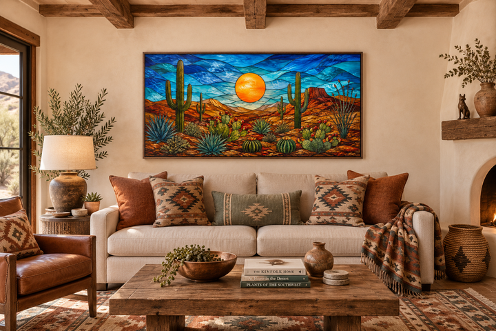 Stained glass style framed canvas wall art of a colorful desert landscape with cacti and a sun.