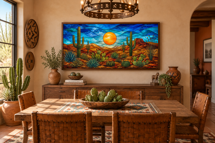 Stained glass style framed canvas wall art featuring a colorful desert landscape with cacti.