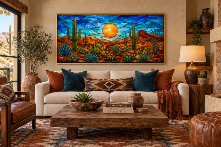 Stained glass style framed canvas art of a desert landscape with cacti and a glowing orange sun.