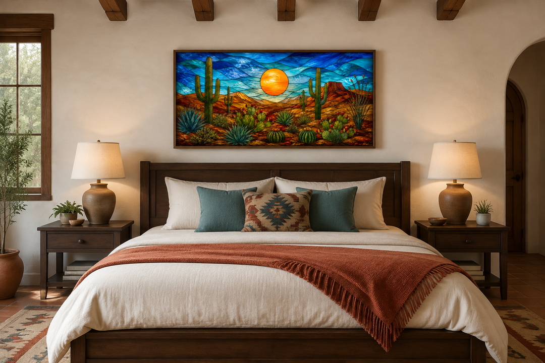 Stained glass style framed canvas art of a desert landscape with cacti and a glowing sun.