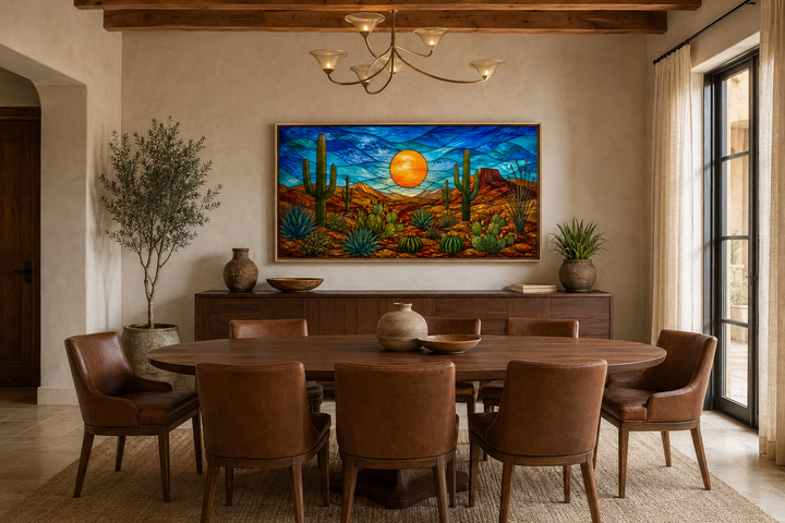 Colorful desert and cacti stained glass style framed canvas wall art in a modern dining room.