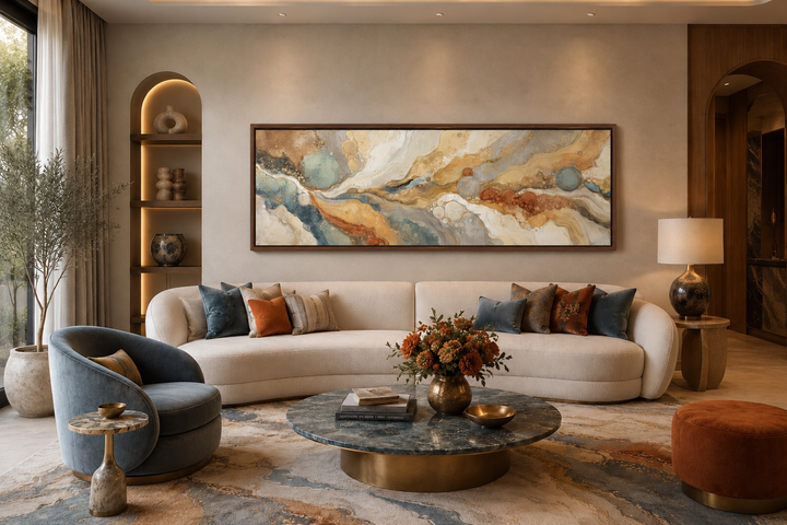 Gold Grey Abstract Long Horizontal Marble Canvas Wall Art