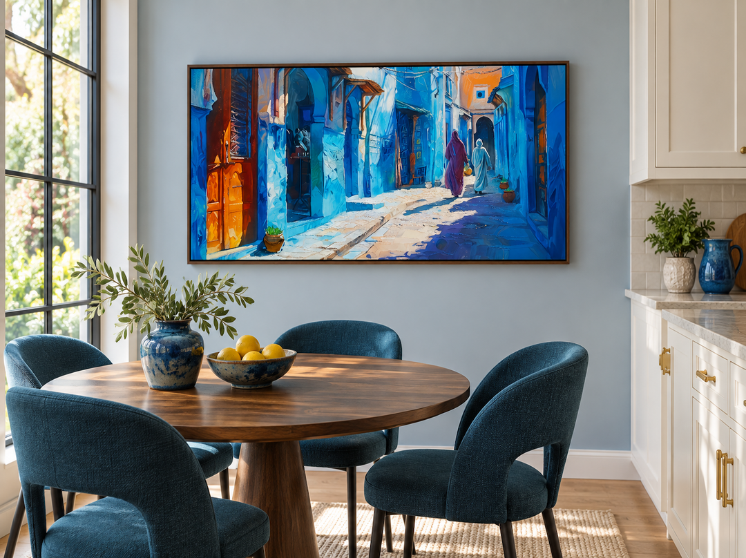 Chefchaouen Blue Street Painting Morocco framed canvas wall art in a modern dining room setting.
