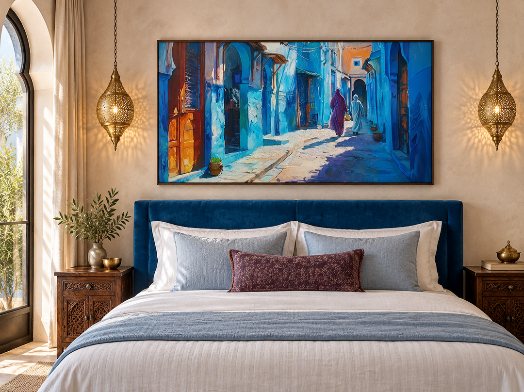 Chefchaouen blue street painting in a dark frame hanging above a blue velvet headboard in a bedroom.