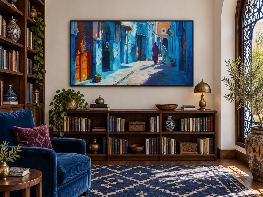 Framed canvas wall art of a vibrant blue street in Chefchaouen, Morocco, above a wooden bookshelf.