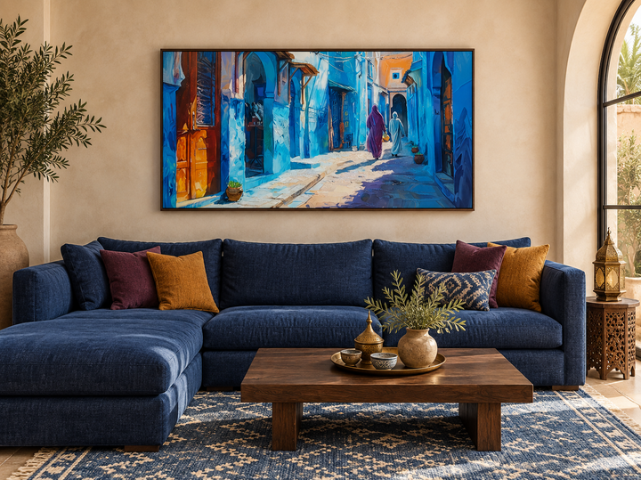 Chefchaouen Blue Street Painting Morocco framed canvas wall art above a blue sectional sofa.