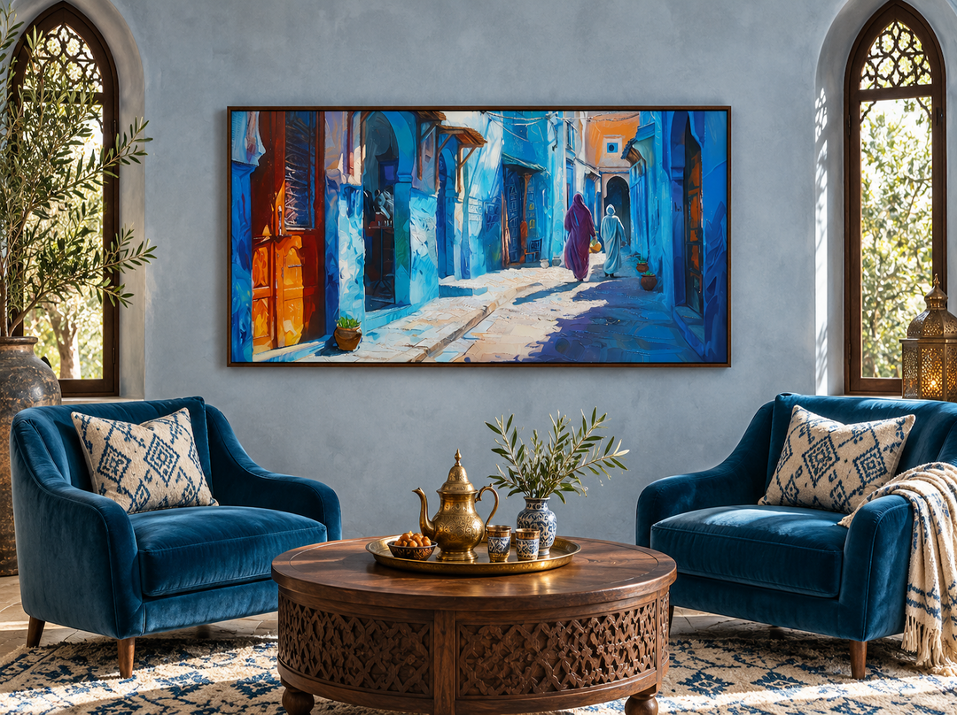 Chefchaouen Blue Street Painting Morocco Framed Canvas Wall Art above a Moroccan tea lounge.