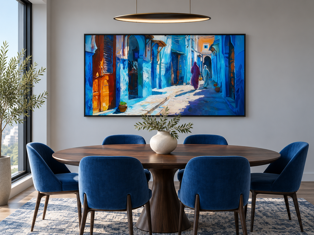 Chefchaouen Blue Street Painting Morocco framed canvas wall art in a modern dining room.