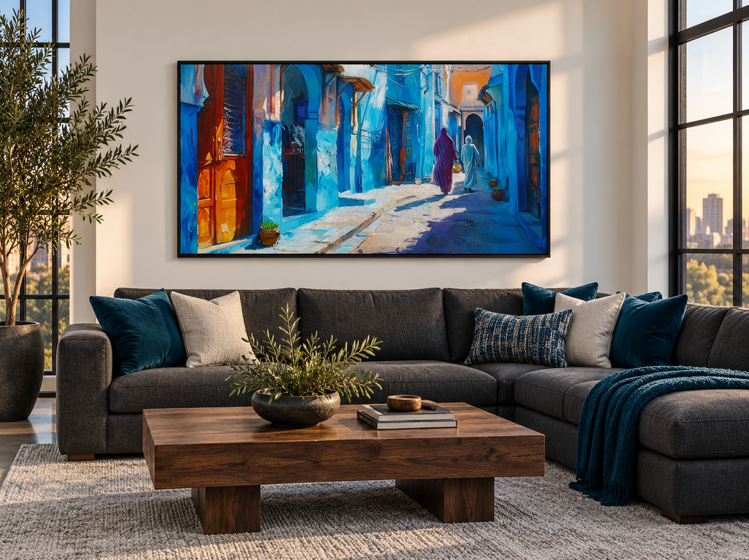 Chefchaouen Blue Street Painting Morocco framed canvas wall art above a dark gray sectional sofa.