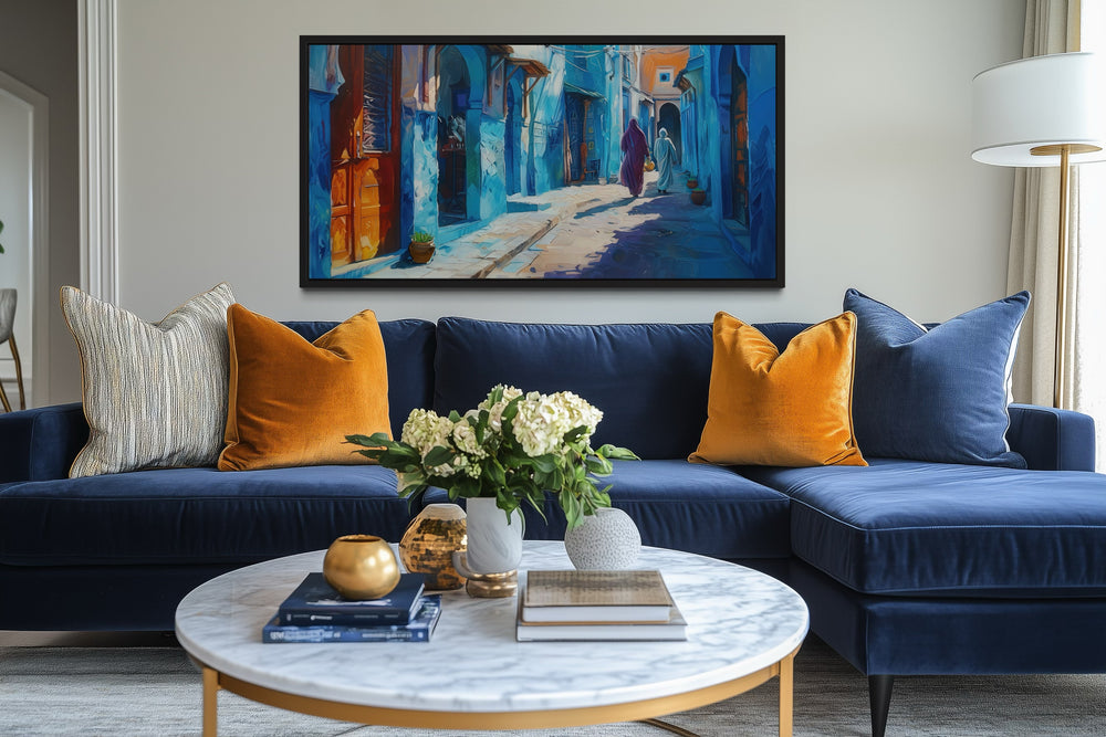 Chefchauen Blue Street Painting Morocco Framed Canvas Wall Art